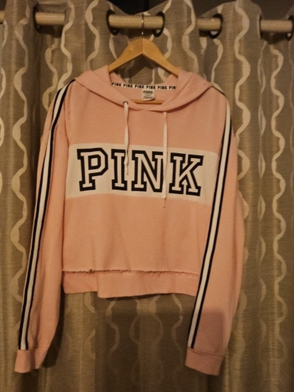 PINK Victoria's Secret Light Pink Cropped Hoodie with Stripes